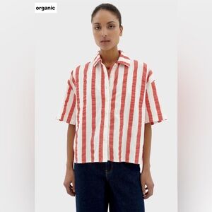 THINKING MU ANNA brick red organic cotton oversized button down blouse S